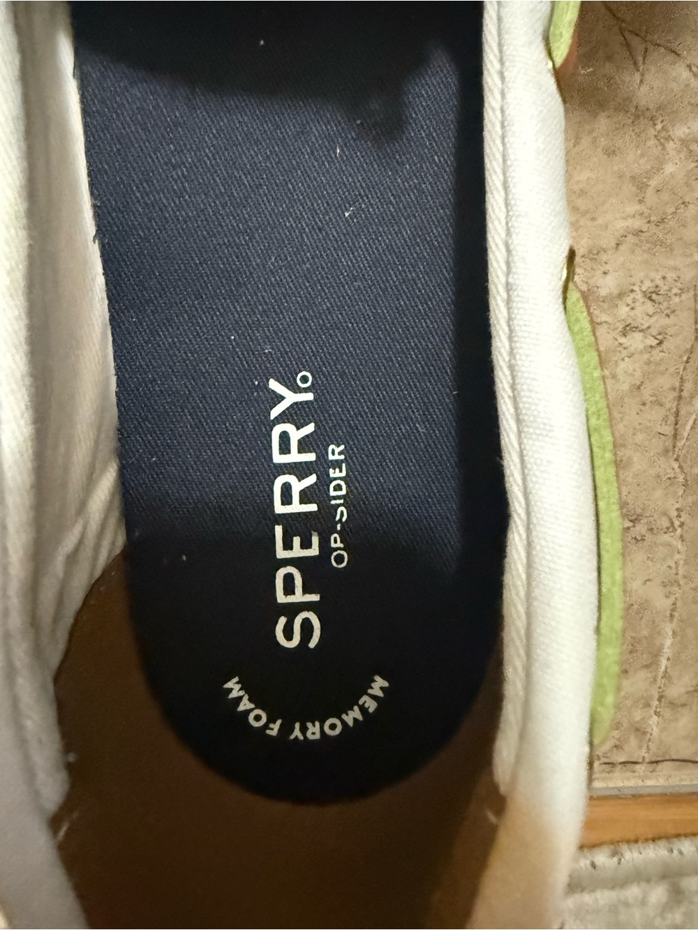 Sperry White Leather Boat Shoes with Brown & Green Accents